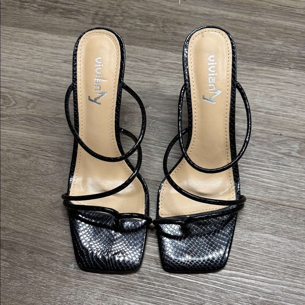 Viviana Black Snakeskin Strappy Heels